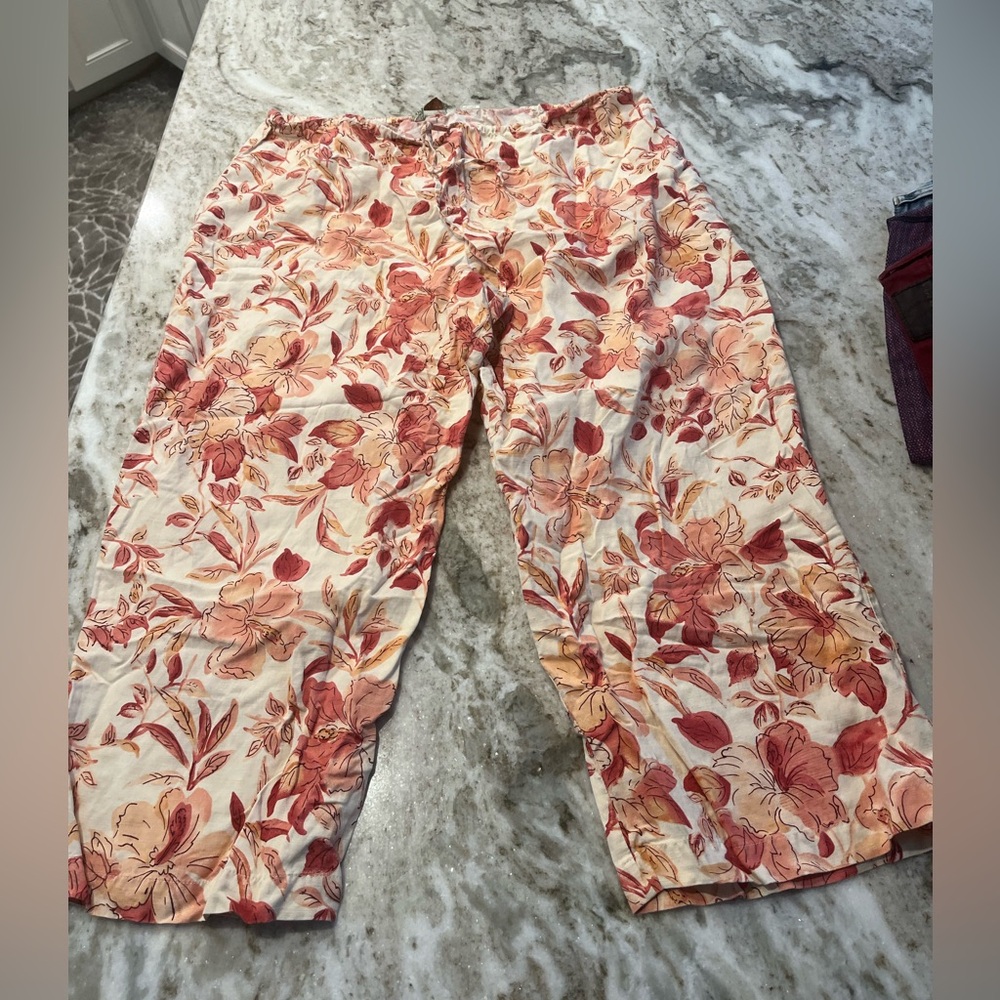 Vintage Tommy Bahama Floral Print Capri‎ Cropped Pants Silk Linen size 16